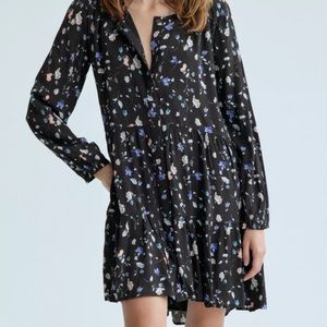 Aritzia Wilfred Barossa Black Floral Watercolor LS Tiered Trapeze Dress Sz XL